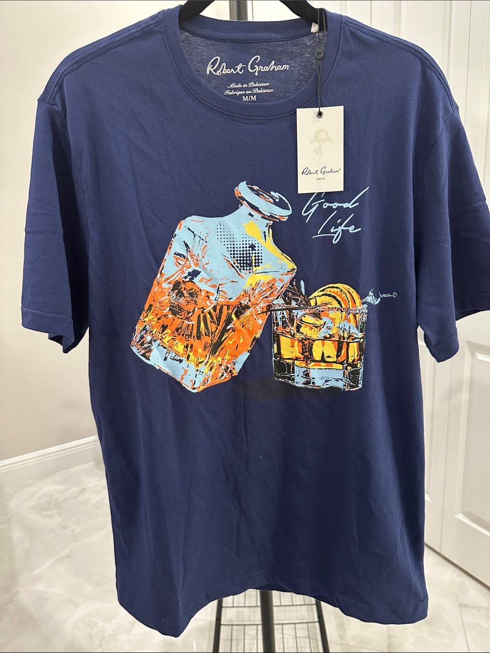 Robert Graham Navy Short-Sleeve Tee with Blue and Orange Whiskey Graphic